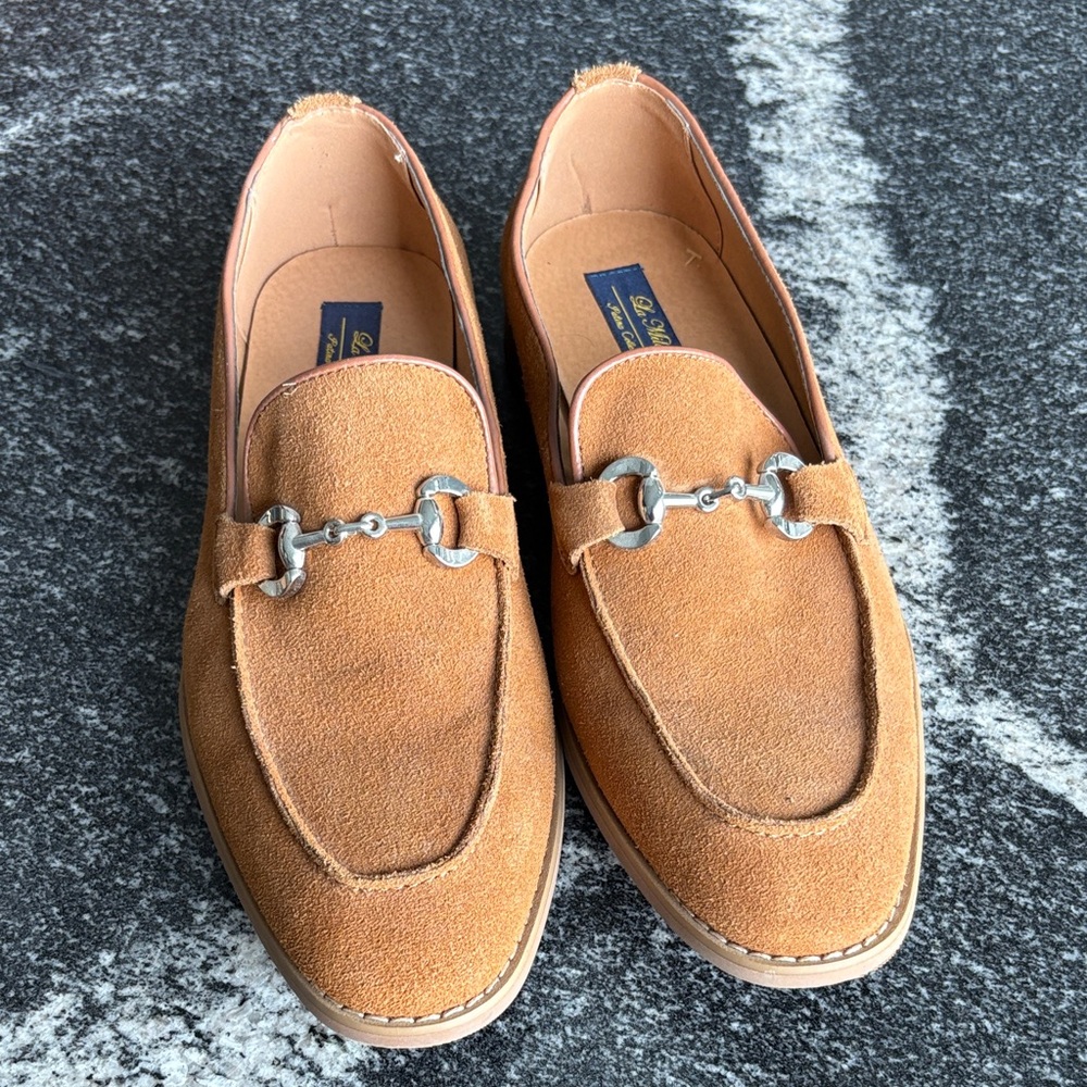Milano Tan Suede Loafers with Silver Horse Bit Buckle